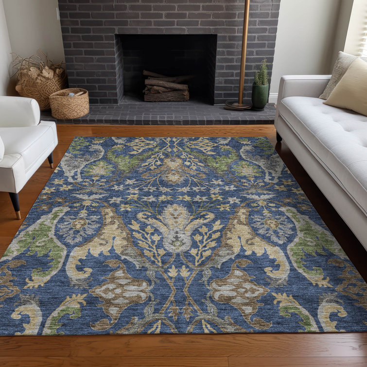 Navy and Beige Synthetic Washable Rectangular Area Rug 3' x 5'