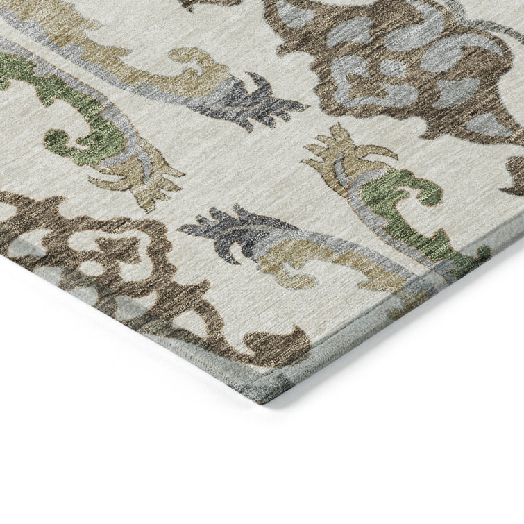 Ivory and Green Washable Rectangular Area Rug