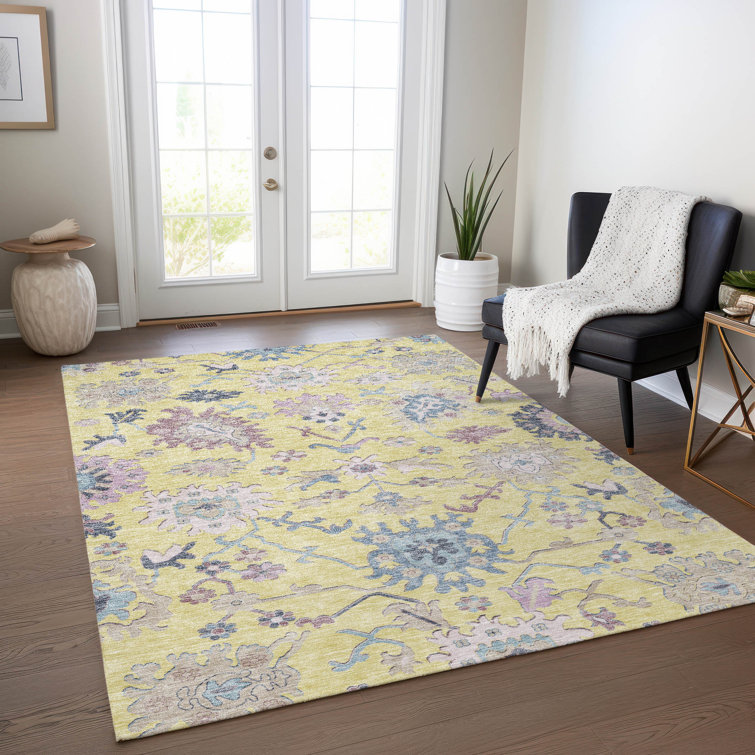 Yellow Rectangular Washable Synthetic Indoor/Outdoor Rug 3' x 5'