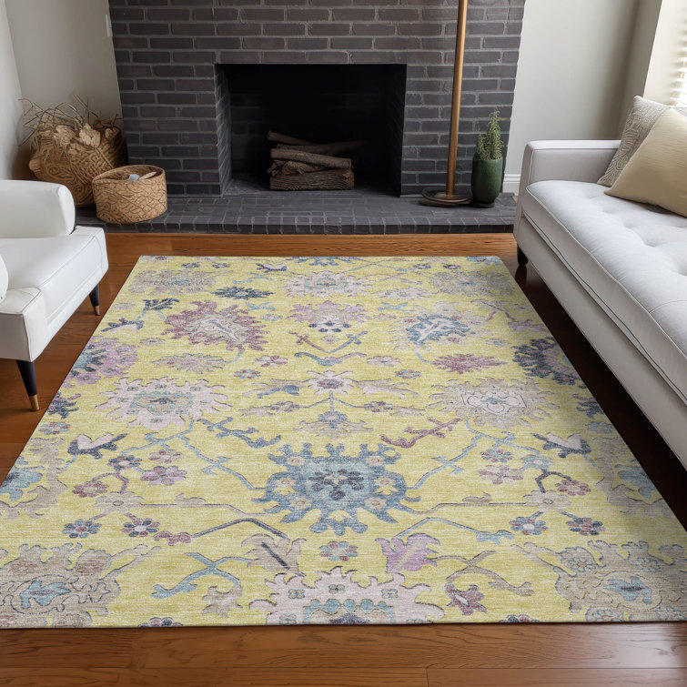 Yellow Rectangular Washable Synthetic Indoor/Outdoor Rug 3' x 5'