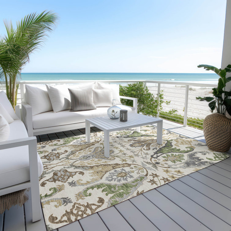Ivory and Green Washable Rectangular Area Rug