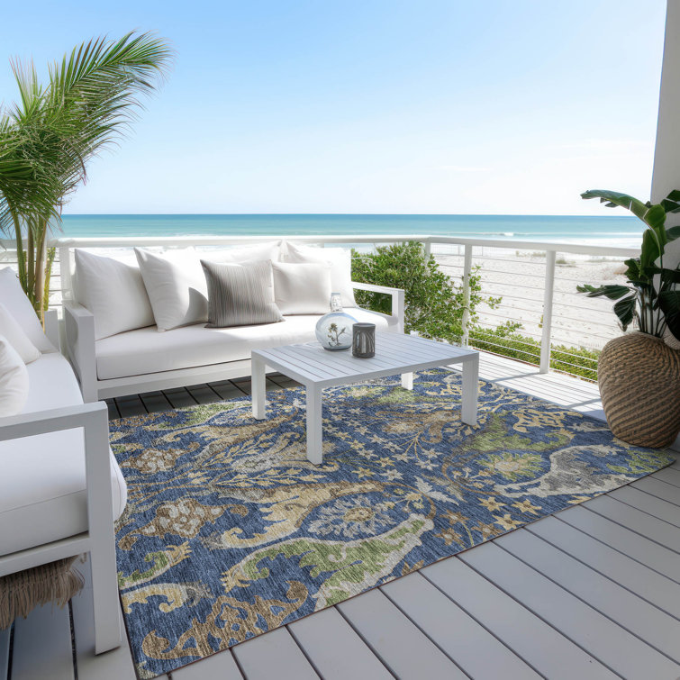 Navy and Beige Synthetic Washable Rectangular Area Rug 3' x 5'