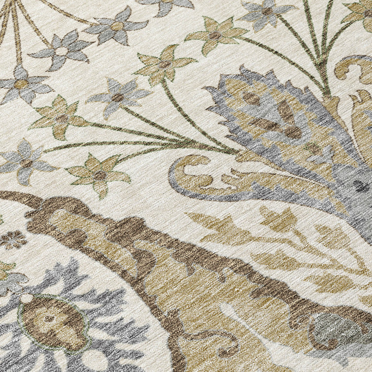 Ivory and Green Washable Rectangular Area Rug