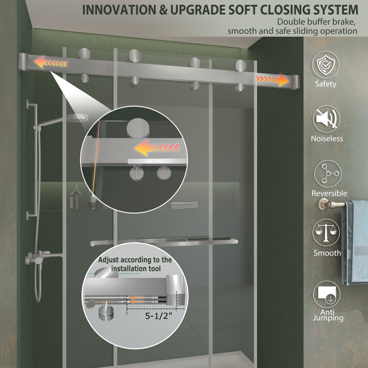 Brushed Silver Frameless Double Sliding Shower Door with Clear Tempered Glass