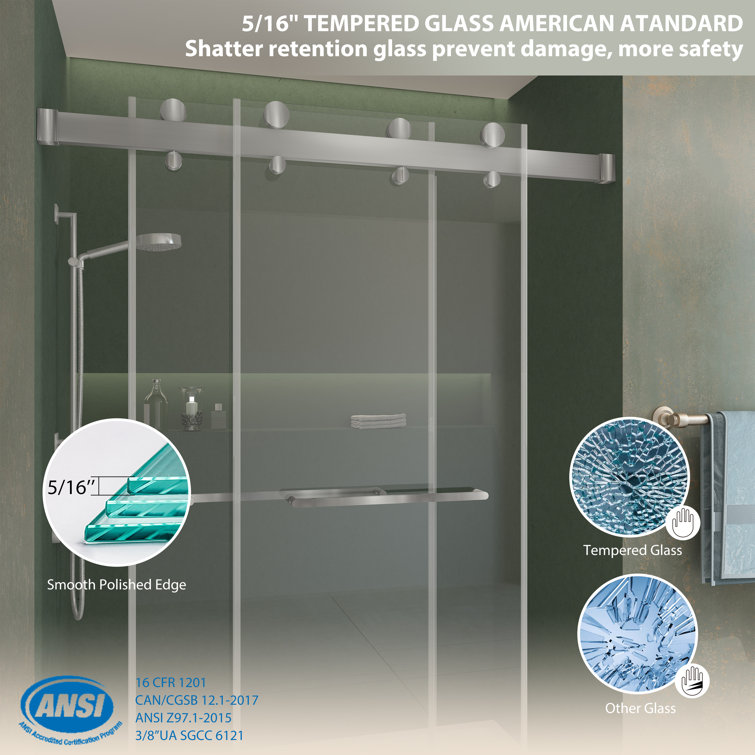 Brushed Silver Frameless Double Sliding Shower Door with Clear Tempered Glass