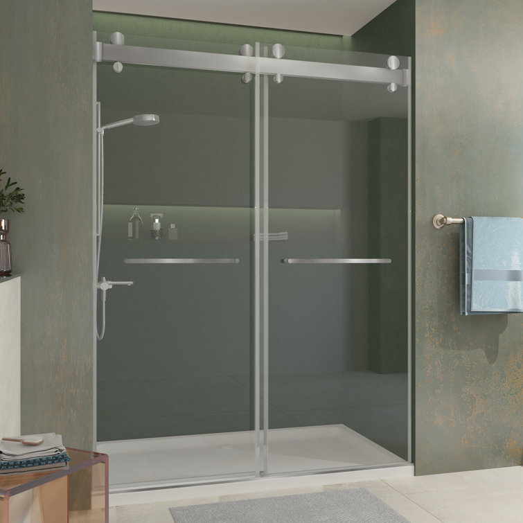 Brushed Silver Frameless Double Sliding Shower Door with Clear Tempered Glass