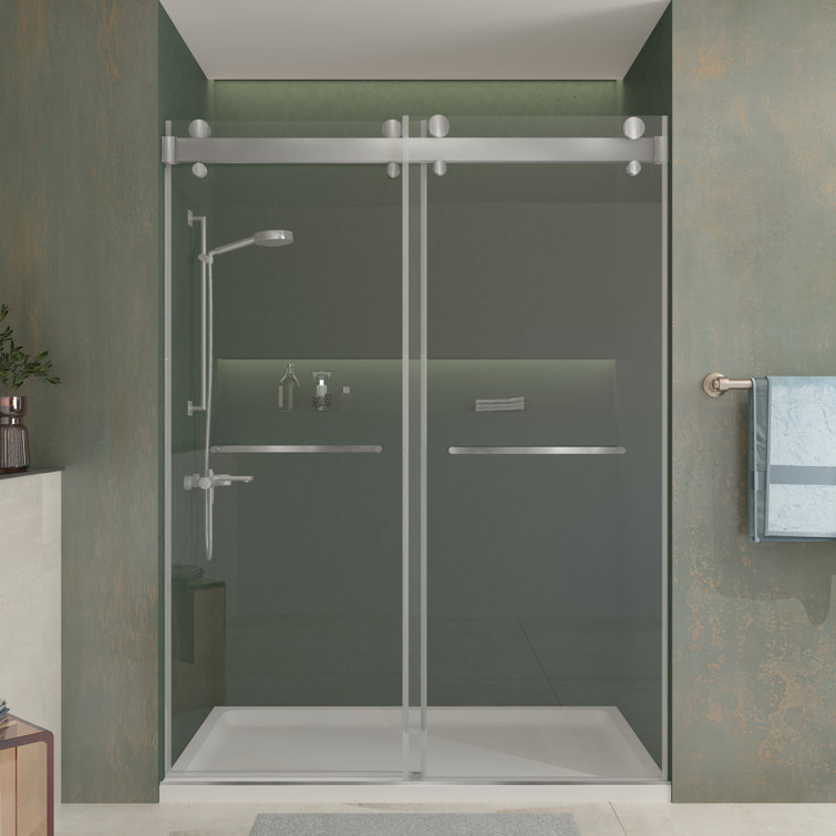 Brushed Silver Frameless Double Sliding Shower Door with Clear Tempered Glass