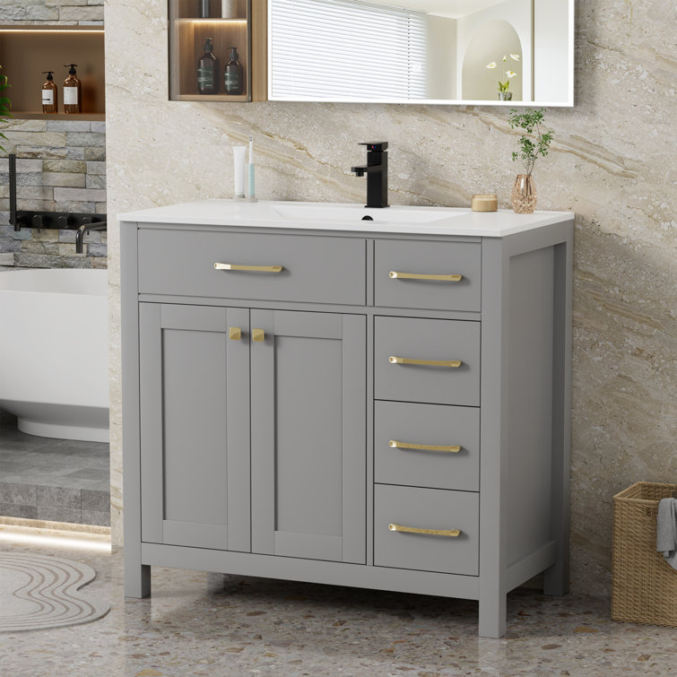 Gray 36" Freestanding Bathroom Vanity with Gold Hardware