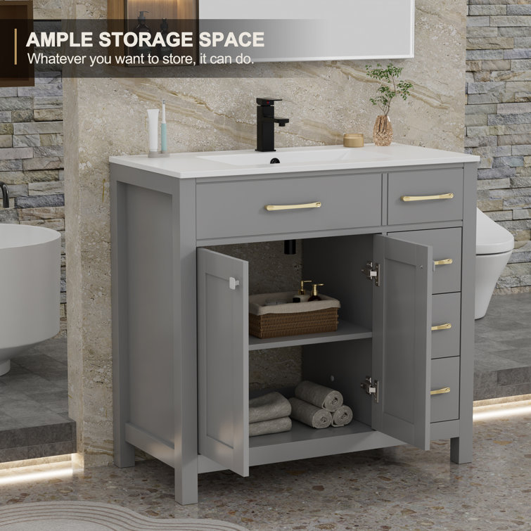 Gray 36" Freestanding Bathroom Vanity with Gold Hardware