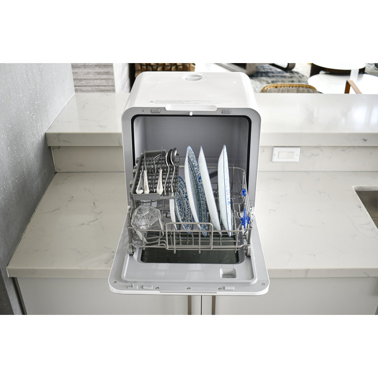 RCA White Compact Countertop Dishwasher with Built-In Water Tank