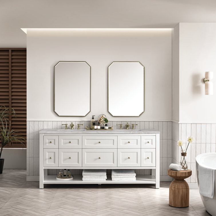 Bright White Solid Wood Double Vanity with Brass Knobs