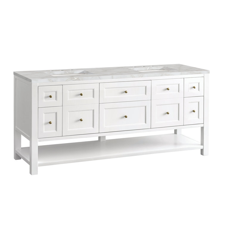 Bright White Solid Wood Double Vanity with Brass Knobs