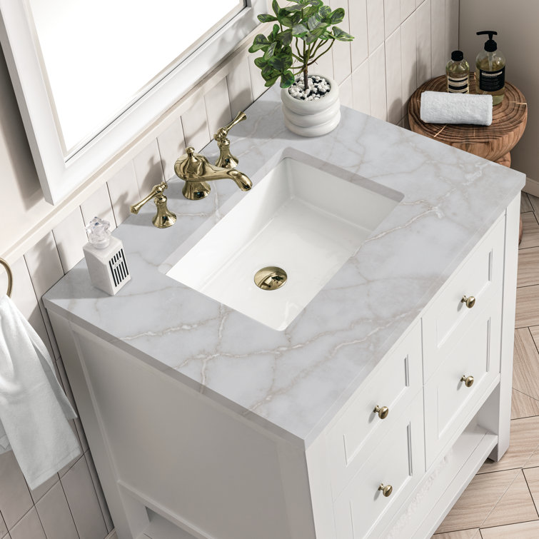 Bright White Solid Wood Single Vanity with Brass Knobs