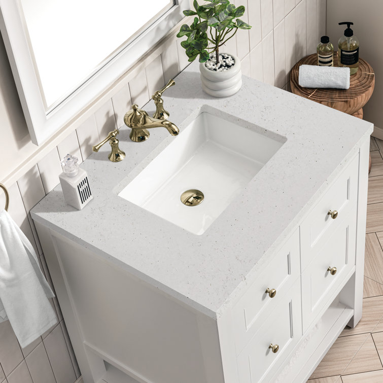 Bright White Solid Wood Single Vanity with Brass Knobs