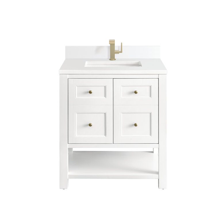 Bright White Solid Wood Single Vanity with Brass Knobs