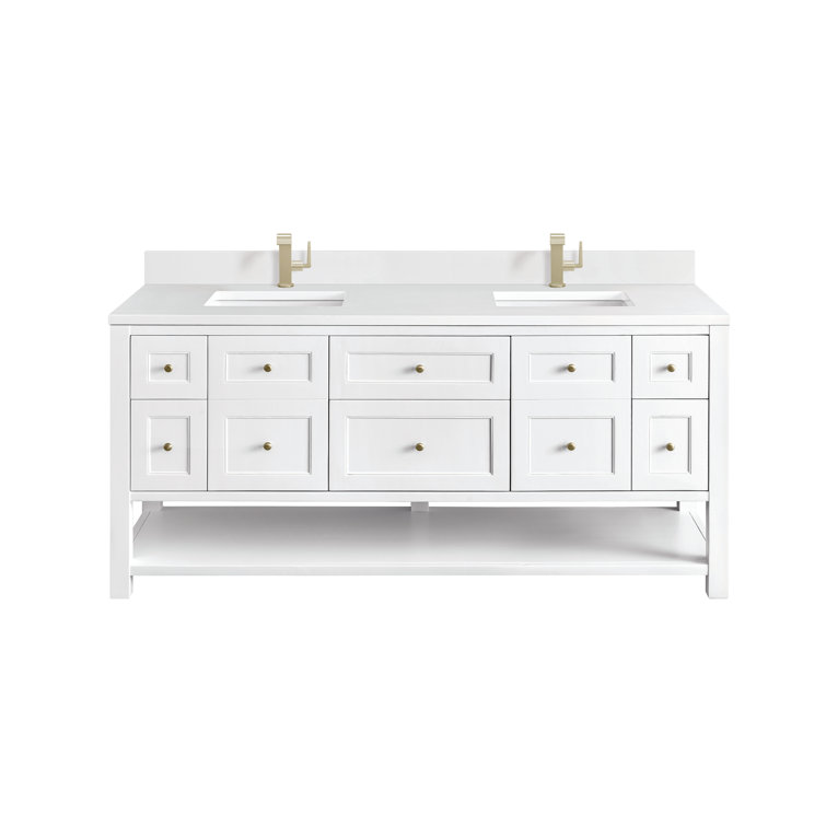 Bright White Solid Wood Double Vanity with Brass Knobs
