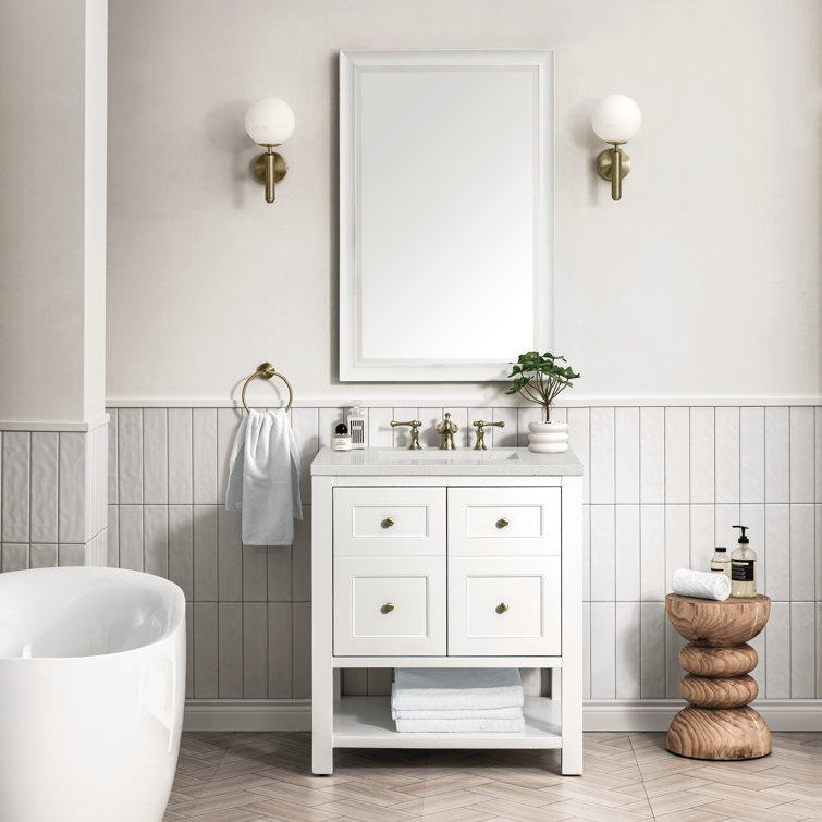 Bright White Solid Wood Single Vanity with Brass Knobs