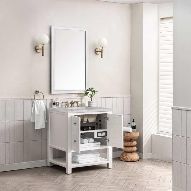 Bright White Solid Wood Single Vanity with Brass Knobs