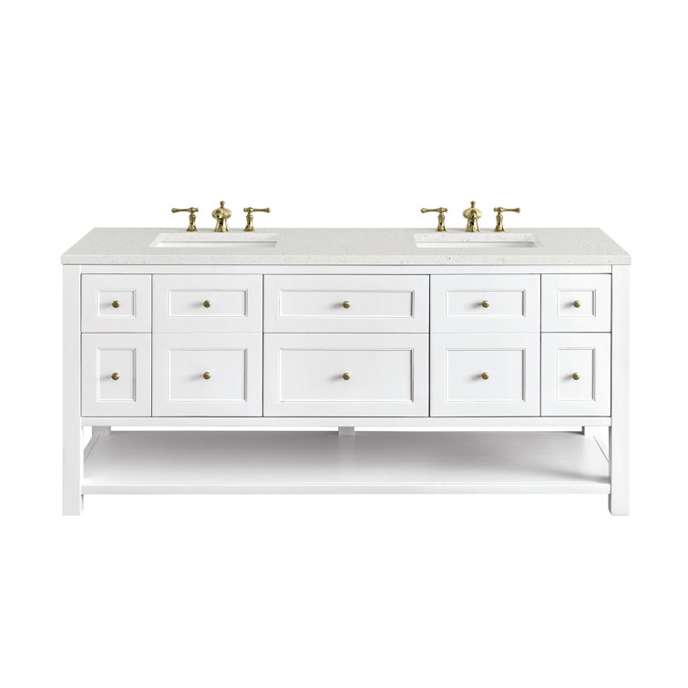 Bright White Solid Wood Double Vanity with Brass Knobs