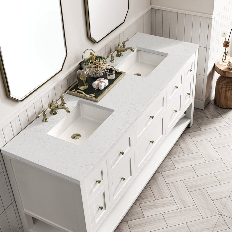 Bright White Solid Wood Double Vanity with Brass Knobs