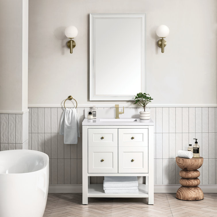 Bright White Solid Wood Single Vanity with Brass Knobs
