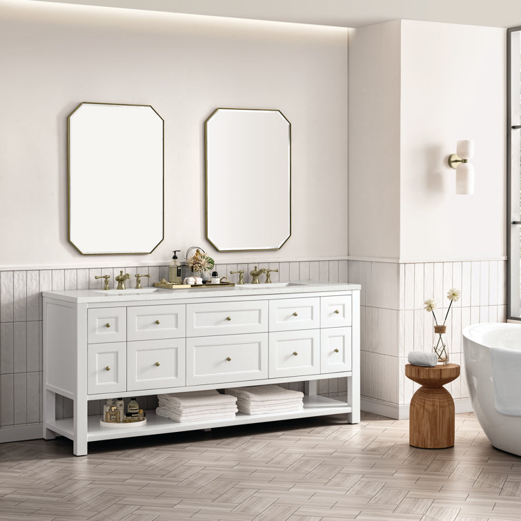 Bright White Solid Wood Double Vanity with Brass Knobs