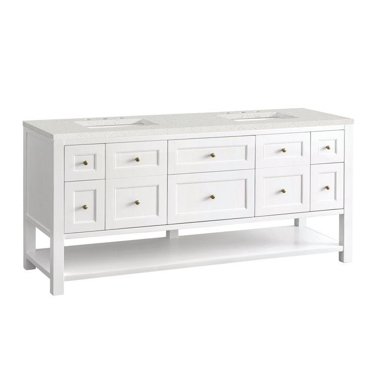 Bright White Solid Wood Double Vanity with Brass Knobs