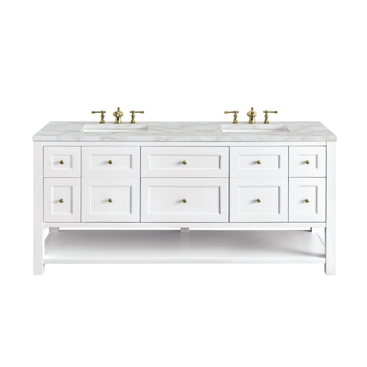 Bright White Solid Wood Double Vanity with Brass Knobs