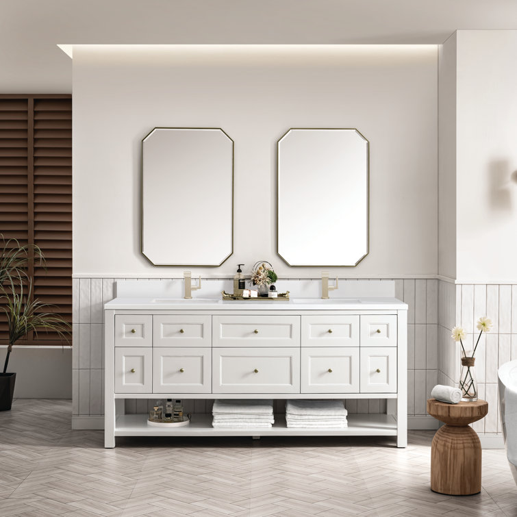 Bright White Solid Wood Double Vanity with Brass Knobs