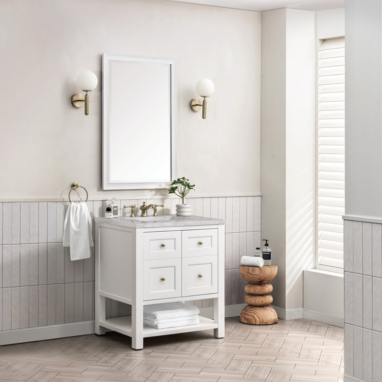 Bright White Solid Wood Single Vanity with Brass Knobs