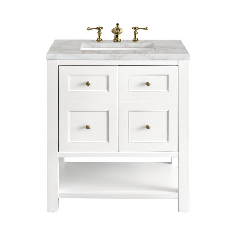 Bright White Solid Wood Single Vanity with Brass Knobs