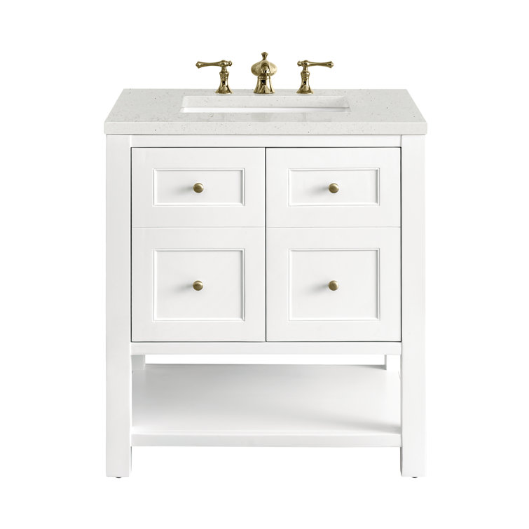 Bright White Solid Wood Single Vanity with Brass Knobs