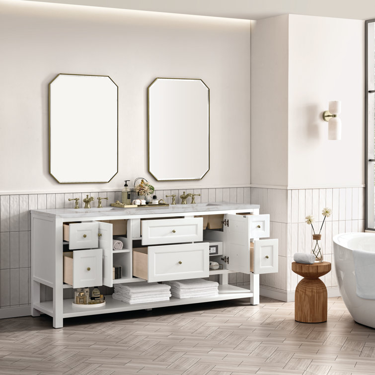 Bright White Solid Wood Double Vanity with Brass Knobs
