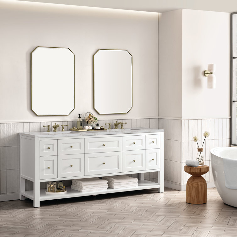 Bright White Solid Wood Double Vanity with Brass Knobs