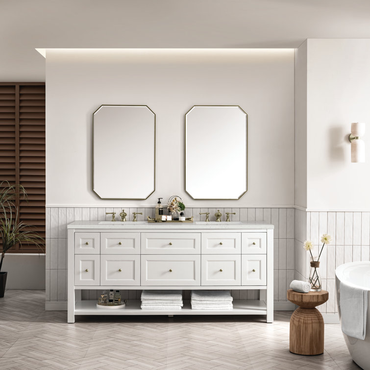 Bright White Solid Wood Double Vanity with Brass Knobs