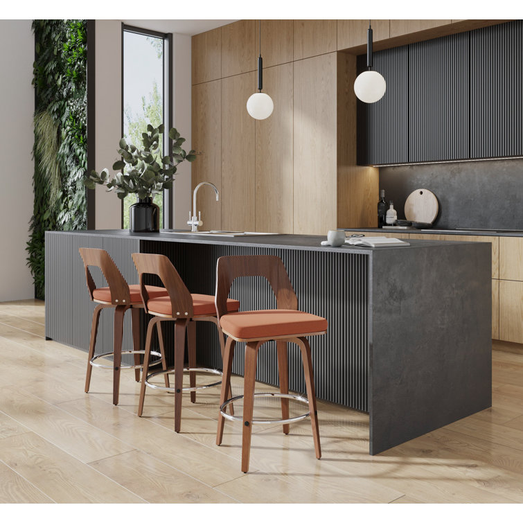 Mid-Century Walnut and Orange Swivel Counter Stools, Set of 2