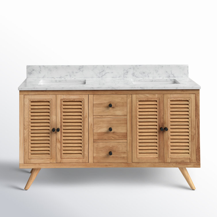 Transitional 61" Teak Double Vanity with Marble Top & Undermount Sinks