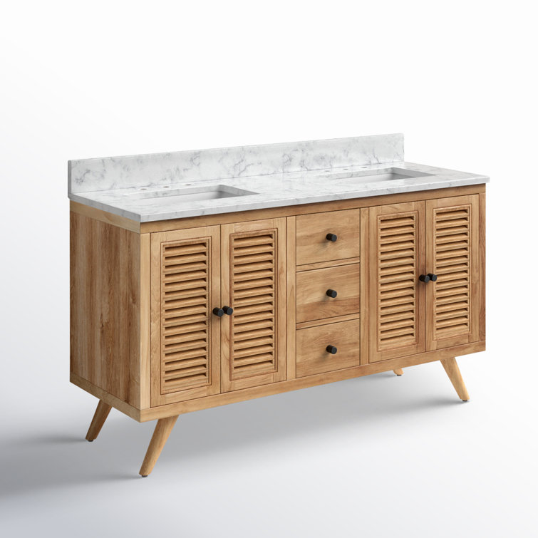 Transitional 61" Teak Double Vanity with Marble Top & Undermount Sinks