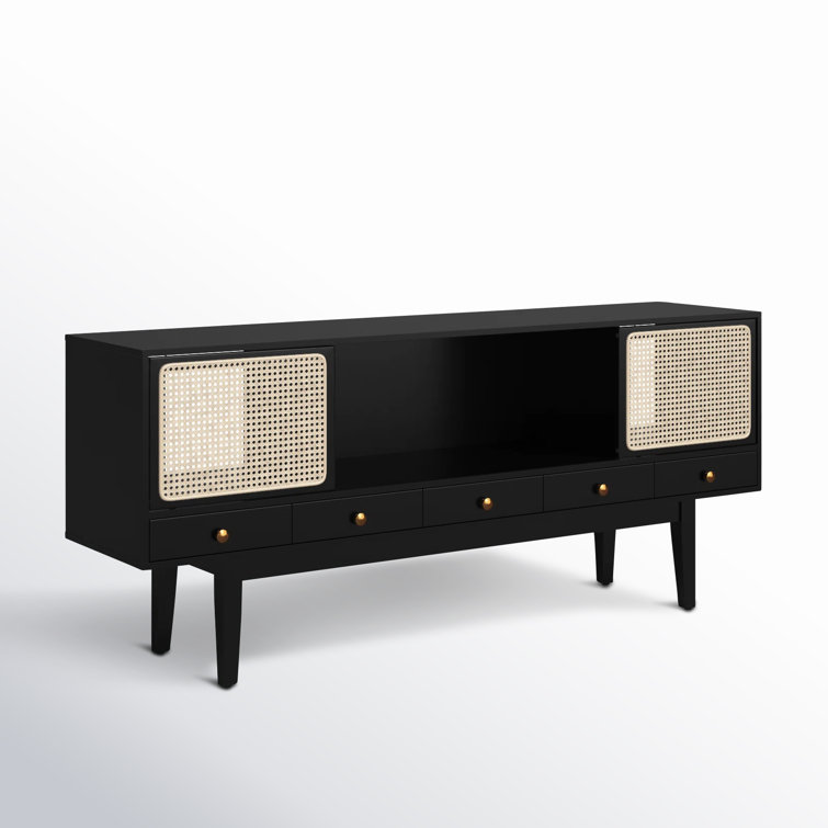 Simms 76.5'' Black Midcentury Modern Media Console with Cane Doors