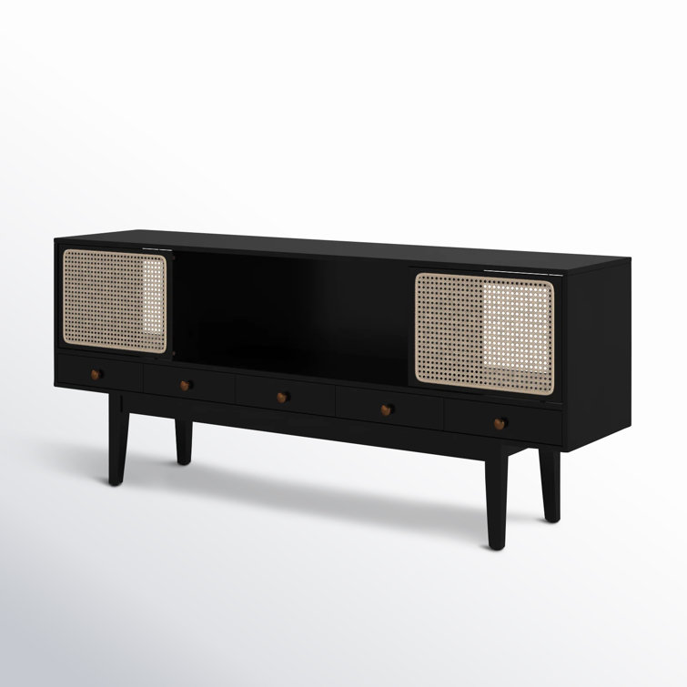 Simms 76.5'' Black Midcentury Modern Media Console with Cane Doors