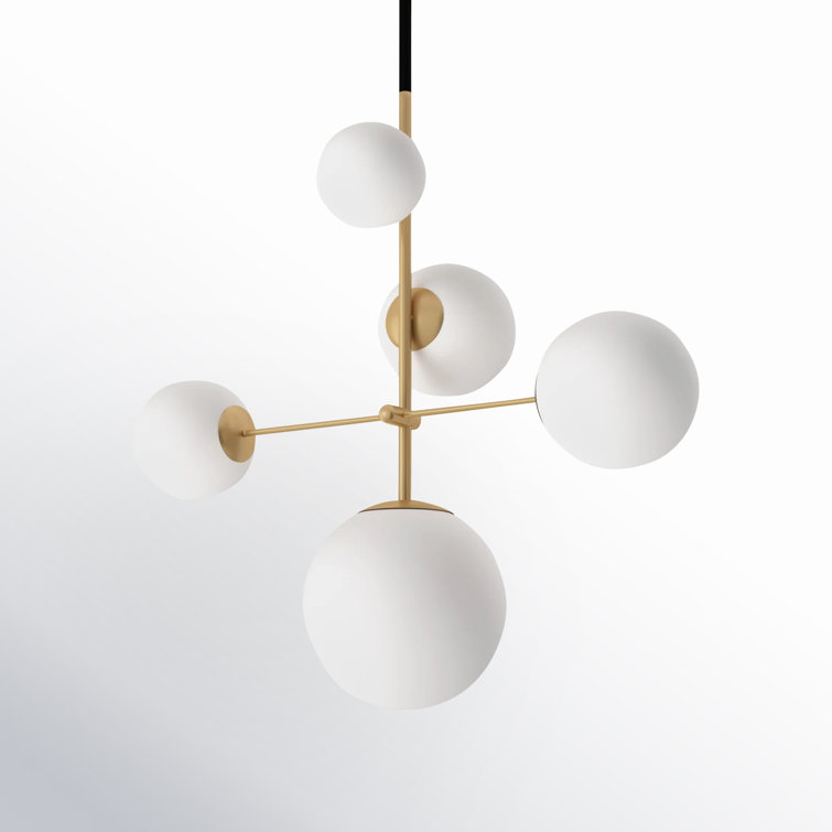 Vesper Satin Brass & Black 5-Light Globe Pendant with Satin White Glass