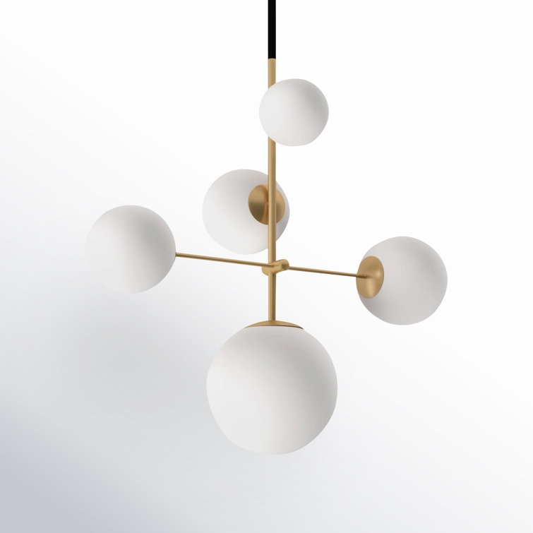 Vesper Satin Brass & Black 5-Light Globe Pendant with Satin White Glass