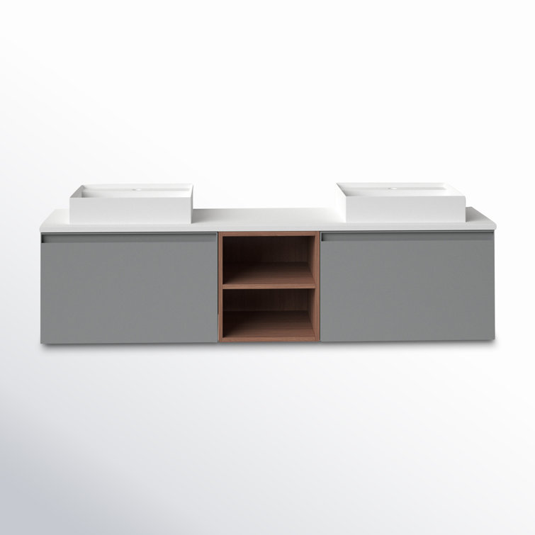 Manarola 72" Light Gray Wall-Mount Modern Vanity with Walnut Shelves