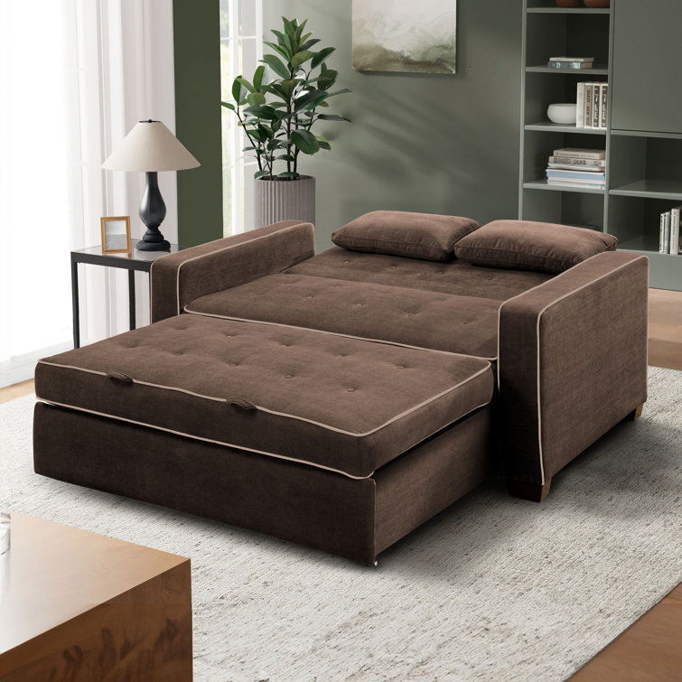Java Brown Tufted Microfiber Queen Sleeper Sofa with Wood Frame