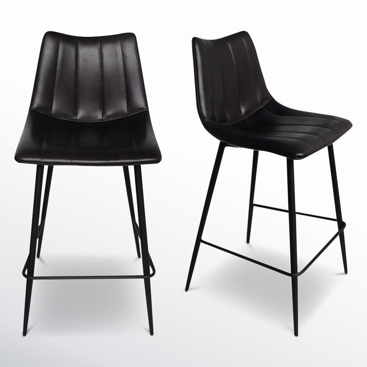 Black Vegan Leather Low Back Counter Stools with Steel Frame, Set of 2