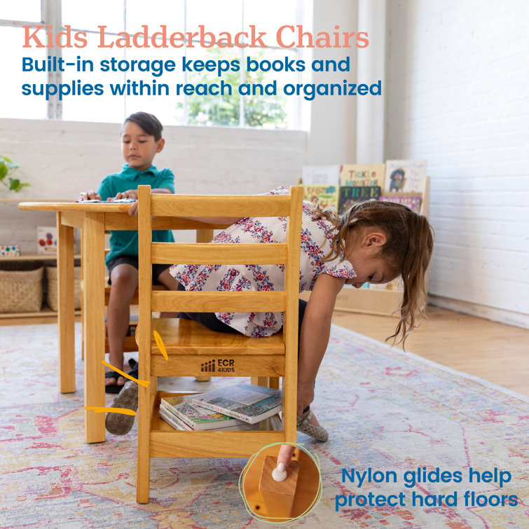 Natural Rubberwood Ladderback Kids Chairs with Storage, 2-Pack