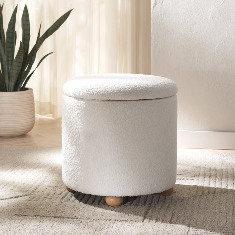 Ivory Round Boucle Storage Ottoman with Wooden Legs