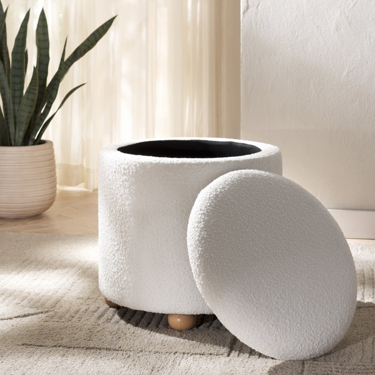 Ivory Round Boucle Storage Ottoman with Wooden Legs