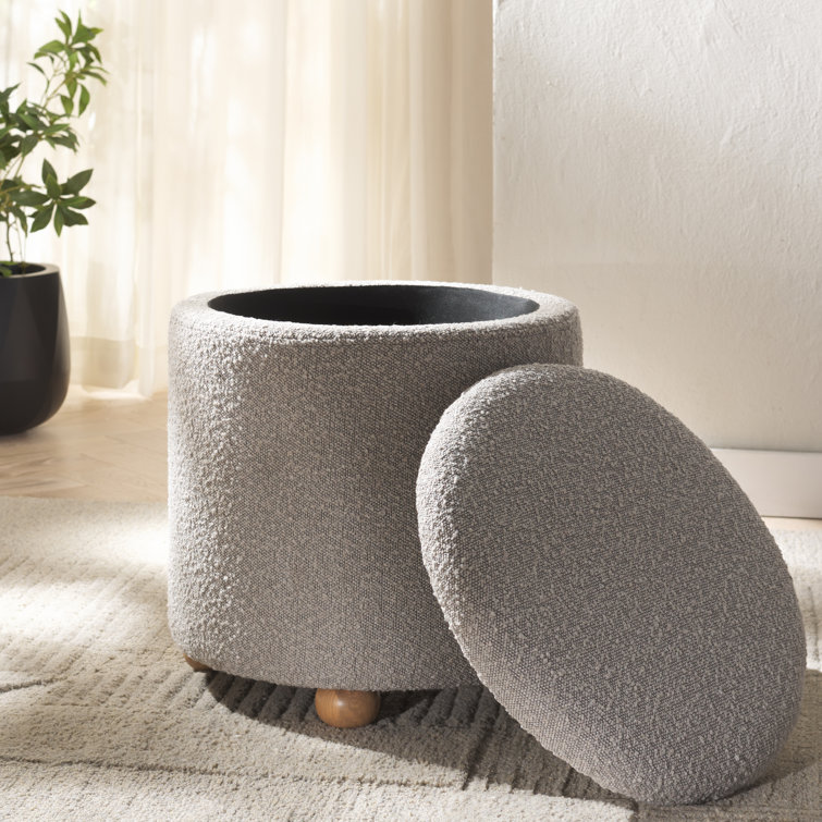 Becka Round Gray Boucle Storage Ottoman with Wood Legs