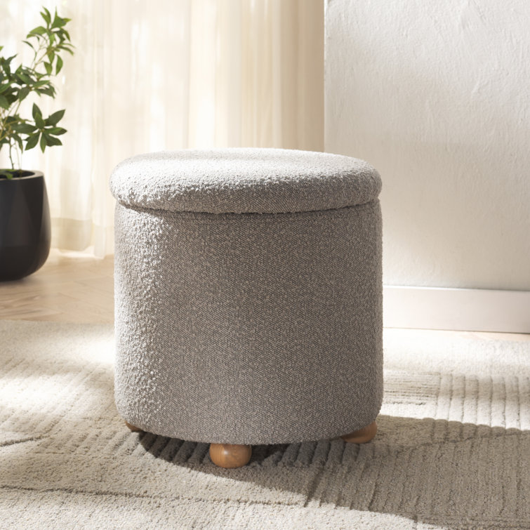 Becka Round Gray Boucle Storage Ottoman with Wood Legs